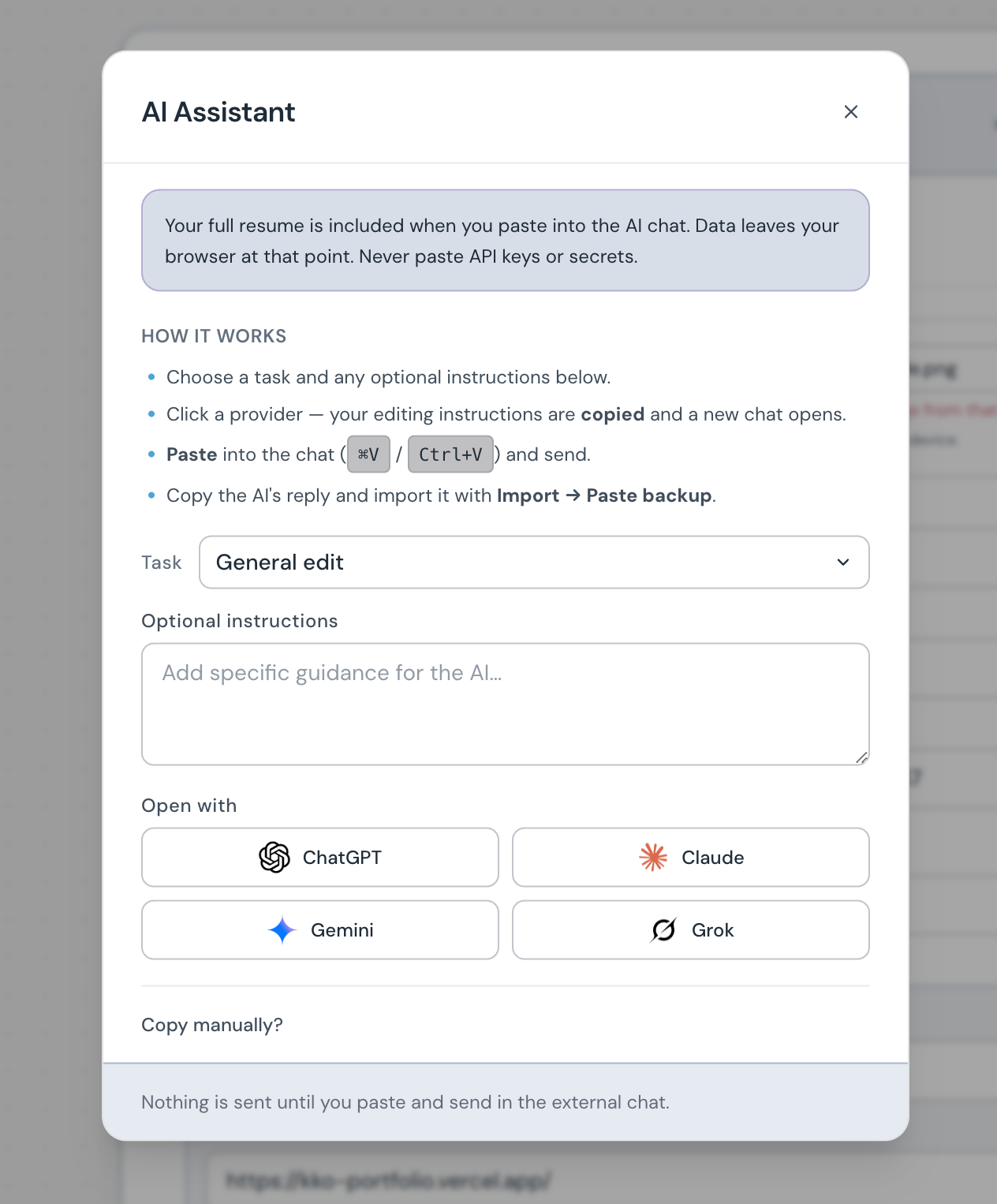 AI Assistant modal with task choices and provider buttons