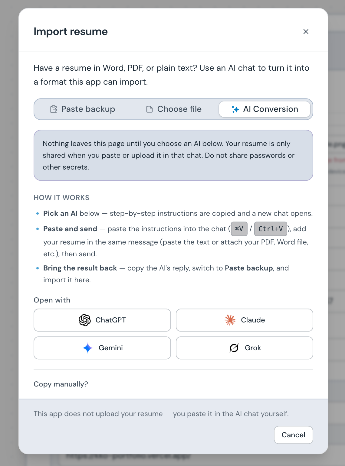Import modal on the AI Conversion tab with provider buttons