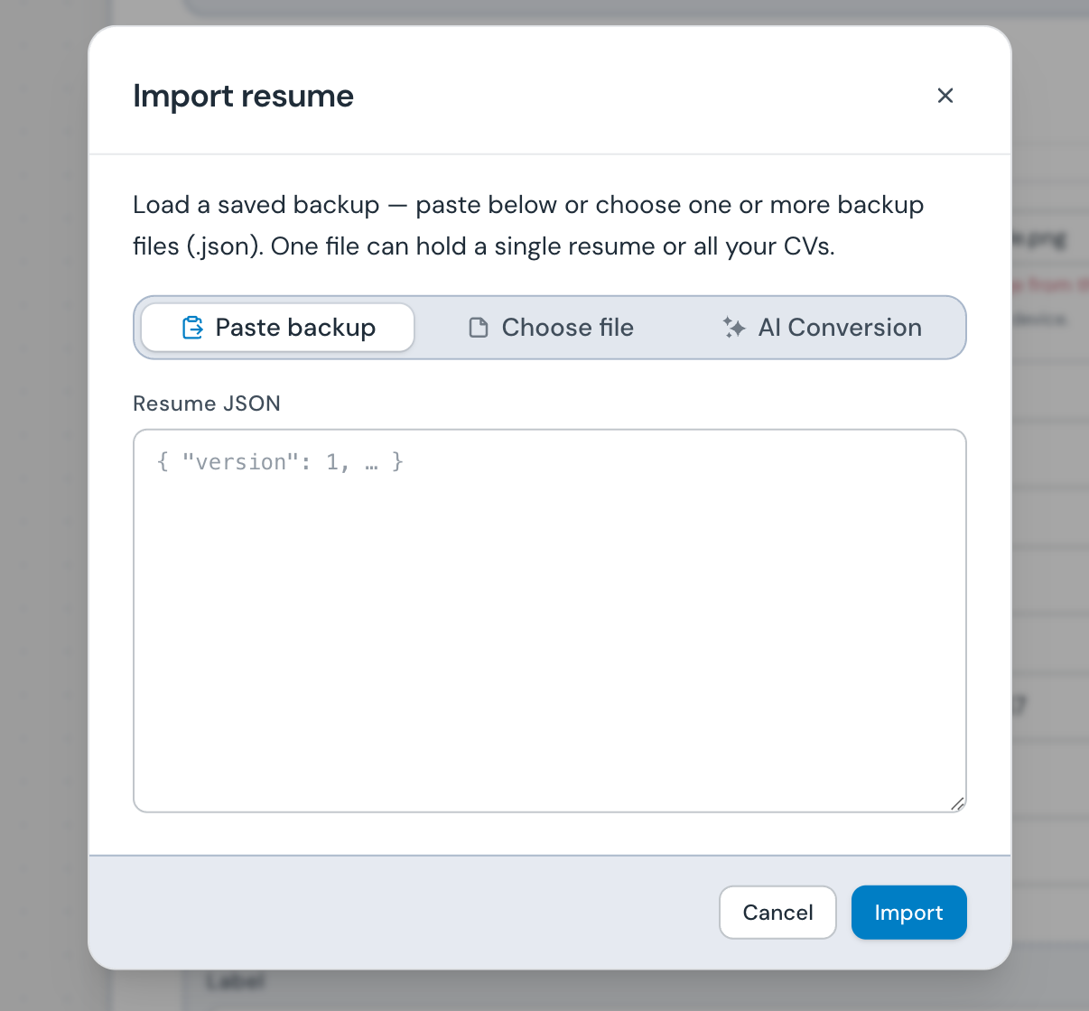 Import resume modal with Paste backup tab selected