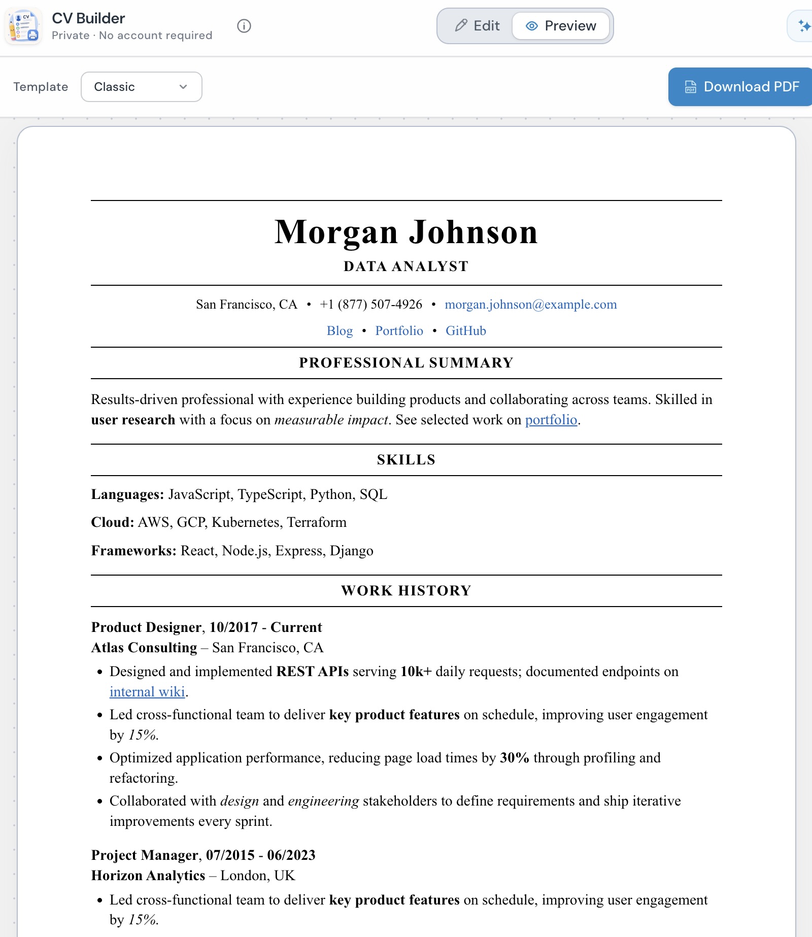 Preview tab showing resume layout and Download PDF button in the toolbar