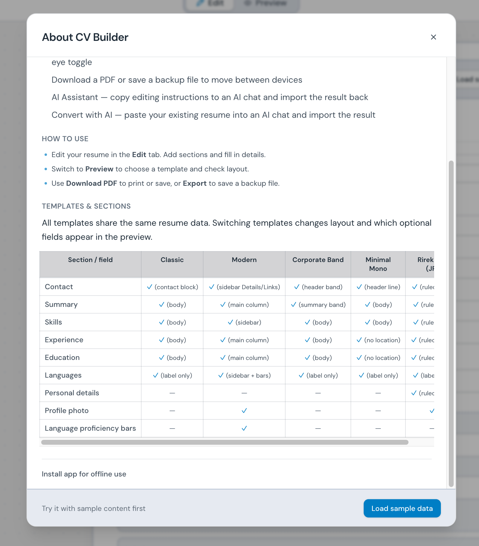 About CV Builder modal with Install app for offline use section